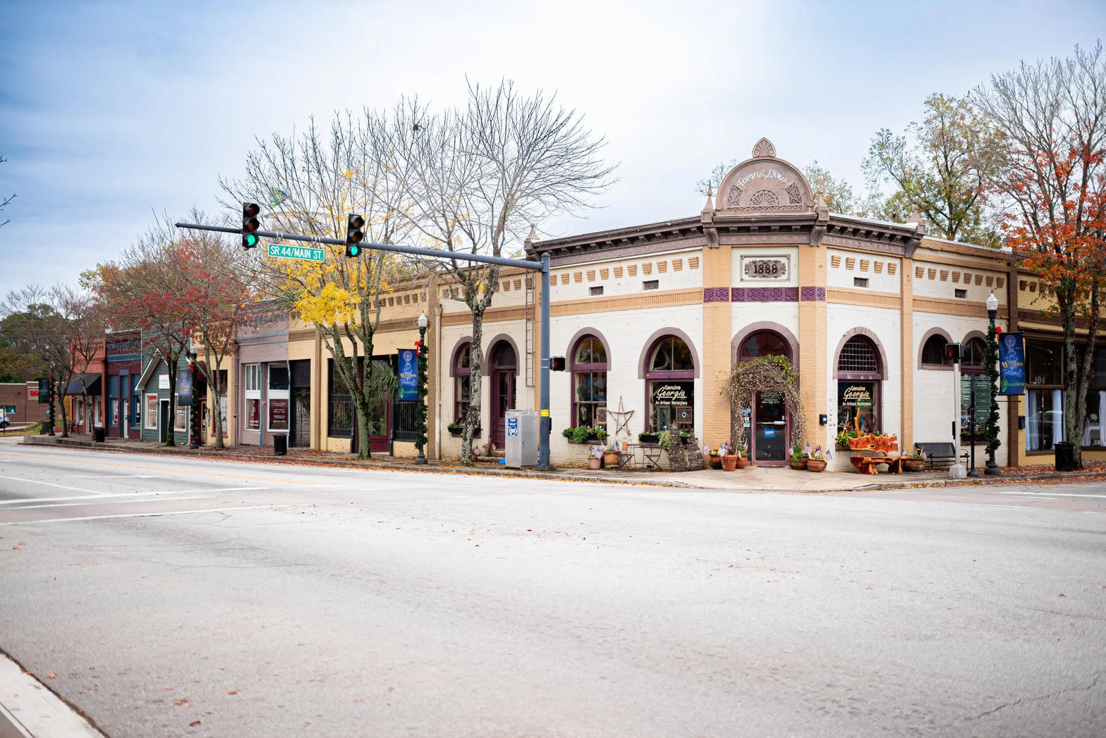 Historic storefronts at Main Street and Highway 44 in downtown Greensboro, Georgia